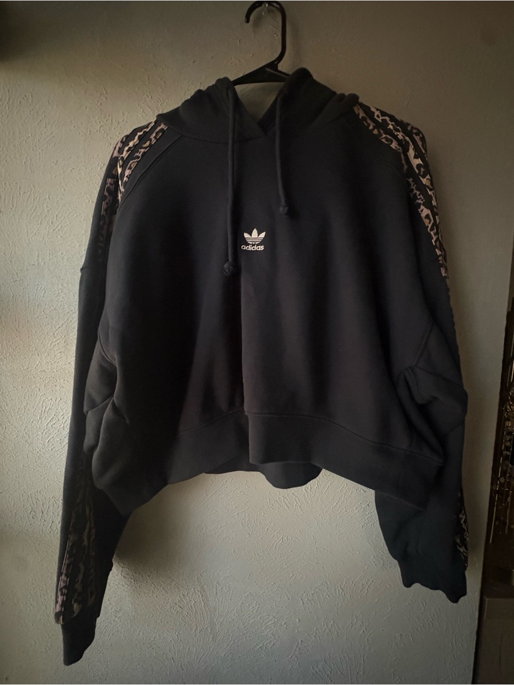 adidas Originals Black Cropped Hoodie Sweater with Leopard-Trim Sleeves Hoodie